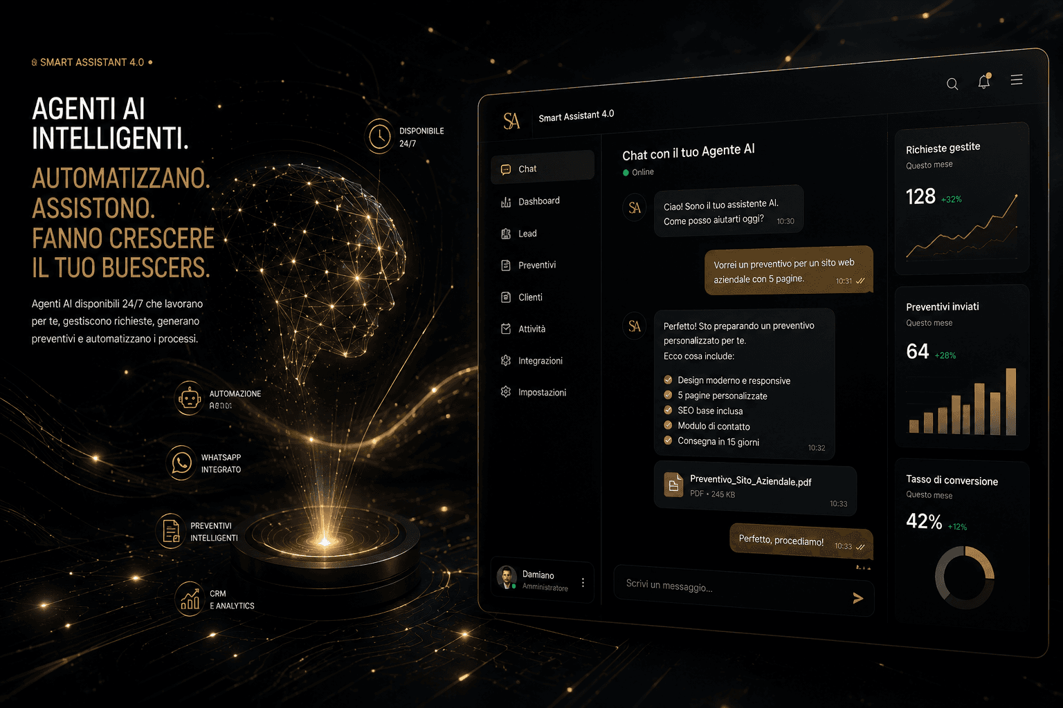Interfaccia dell'Agente AI con dashboard, chat e rete neurale